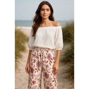 Rachel Zoe Linen Floral Wide Leg Pants M Elastic Waist Boho Resort Summer